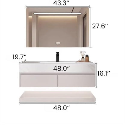 48" Modern Bathroom Vanity Set with LED Mirror, Seamless Design with Ceramic Sink & Quartz Countertop, Paint-Free Multi-Layer Solid Wood Cabinet, Soft-Close Doors, White‌