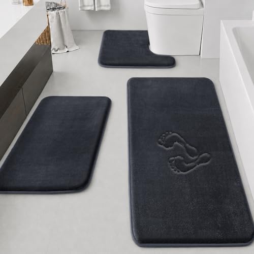 HUXMEYSON Bathroom Rugs Sets 3 Piece, Non-Slip & Quick Dry Bath Mat Set, Ultra Soft Velvet Bath Rugs for Bathroom, Toilet and Shower Floor, Dark Grey