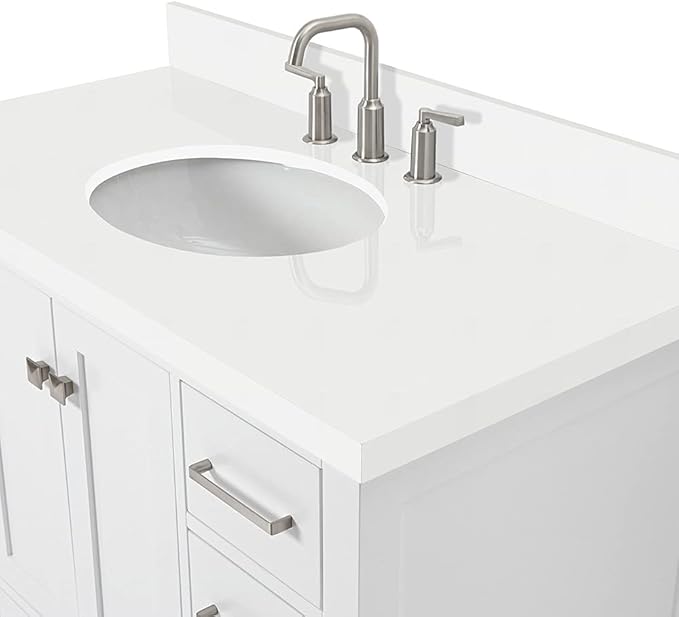 ARIEL Cambridge 42-inch Bathroom Vanity with Sink,Solid Wood, 1.5-inch Pure White Quartz Countertop & Backsplash, Single Oval Porcelain Sink, 2 Soft Closing Doors, 9 Dovetail Drawers, White