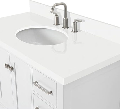 ARIEL Cambridge 42-inch Bathroom Vanity with Sink,Solid Wood, 1.5-inch Pure White Quartz Countertop & Backsplash, Single Oval Porcelain Sink, 2 Soft Closing Doors, 9 Dovetail Drawers, White