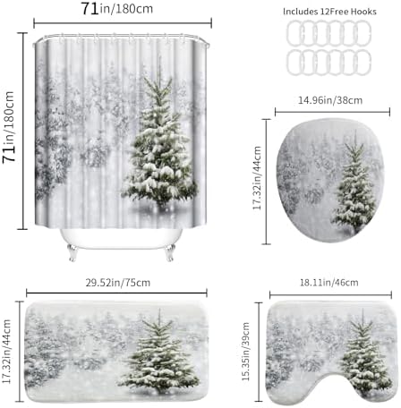 Onalasyc 4-Piece Christmas Shower Curtain Set,Winter Christmas Tree Snowflake Shower Curtains Holiday Bathroom Set with Shower Curtain and Rugs Waterproof Durable Fabric Bathtub Sets Home Decor,White