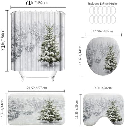 Onalasyc 4-Piece Christmas Shower Curtain Set,Winter Christmas Tree Snowflake Shower Curtains Holiday Bathroom Set with Shower Curtain and Rugs Waterproof Durable Fabric Bathtub Sets Home Decor,White