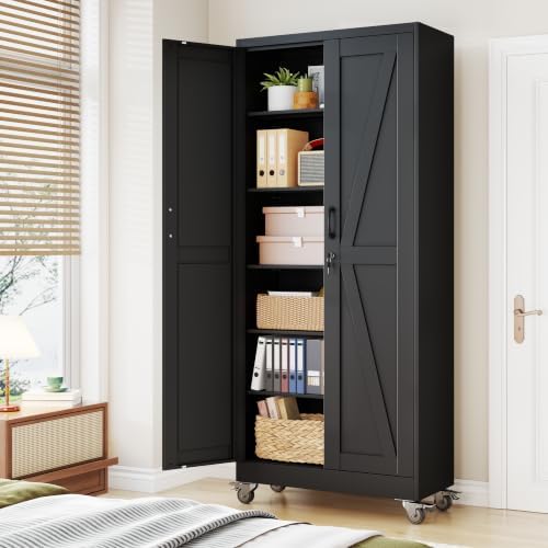 75" Metal Garage Storage Locker Cabinet with Wheels,Rolling Black Farmhouse Kitchen Pantry Cabinet with 2 Doors and 5 Adjustable Shelves, Steel File Tool Cabinet for Home Office Warehouse