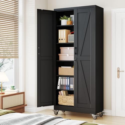 75" Metal Garage Storage Locker Cabinet with Wheels,Rolling Black Farmhouse Kitchen Pantry Cabinet with 2 Doors and 5 Adjustable Shelves, Steel File Tool Cabinet for Home Office Warehouse