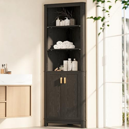 INNOD 69" Tall Corner Shelf with Doors, 6-Tier Corner Storage Cabinet with Doors, Space Saver Shelf for Bathroom, Bathroom Floor Cabinet for Living Room Kitchen, Hallway