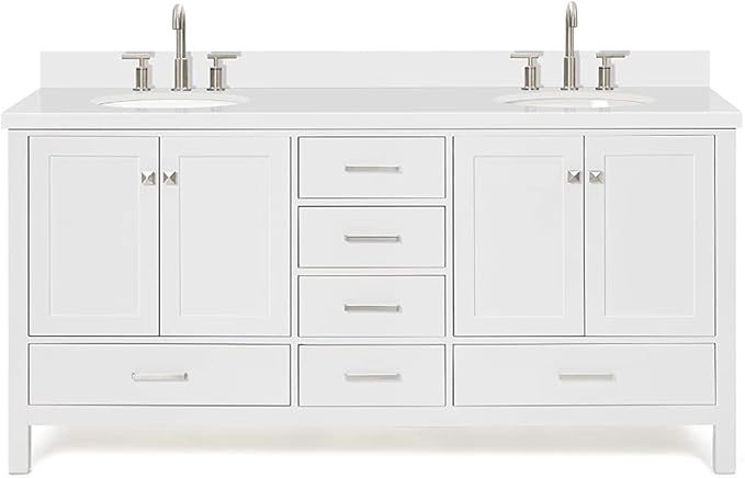 ARIEL Cambridge 72-inch Bathroom Vanity with Sink,Solid Wood, 1.5-inch Pure White Quartz Countertop & Backsplash, Double Oval Porcelain Sink, 4 Soft Closing Doors, 6 Dovetail Drawers, White