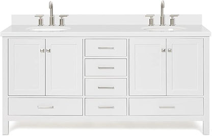 ARIEL Cambridge 72-inch Bathroom Vanity with Sink,Solid Wood, 1.5-inch Pure White Quartz Countertop & Backsplash, Double Oval Porcelain Sink, 4 Soft Closing Doors, 6 Dovetail Drawers, White