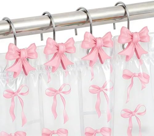 12Pcs Pink Bow Knot Shower Curtain Hooks Decorative for Curtain Rods, Coquette Girly Preppy Shower Curtain Rings, Silver Stainless Steel Metal Shower Curtain Hanger Hooks, Cute Girls Bathroom Decor