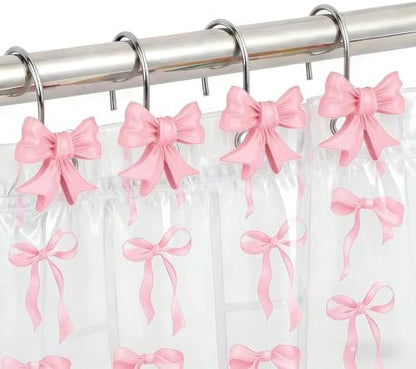 12Pcs Pink Bow Knot Shower Curtain Hooks Decorative for Curtain Rods, Coquette Girly Preppy Shower Curtain Rings, Silver Stainless Steel Metal Shower Curtain Hanger Hooks, Cute Girls Bathroom Decor