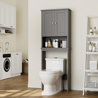 Over the Toilet Storage Cabinet, Bathroom Storage Over Toilet with Two Doors and Adjustable Shelf, Space Saver with Open Shelf, Gray