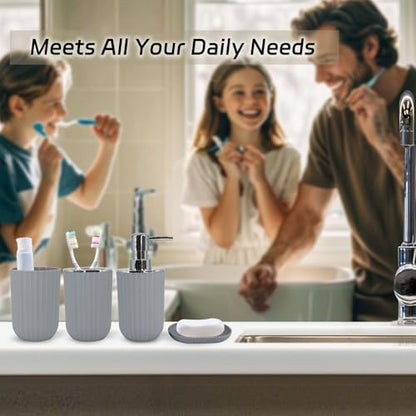 Grey Bathroom Accessories Set, 10Pcs Bathroom Accessory Sets Complete with Trash Can, Shower Curtain, Vanity Tray, Soap Dispenser, Soap Dish, Toothbrush Holder&Cup, Toilet Brush&Holder, Qtip Holder