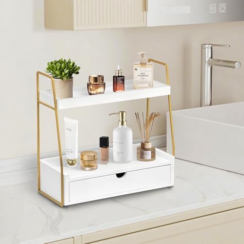 2-Tier Bathroom Countertop Organizer with Drawer, Wood Vanity Shelf White