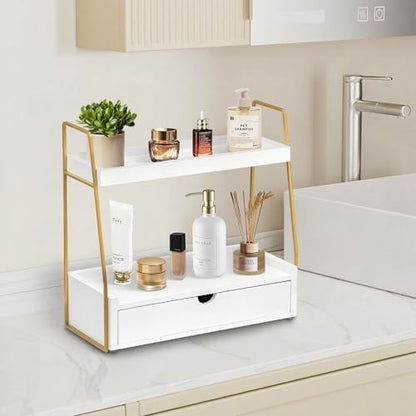 2-Tier Bathroom Countertop Organizer with Drawer, Wood Vanity Shelf White