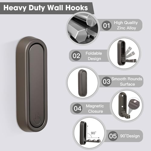 Dntorx Folding Wall Hooks, 2 Pack, Grey, Zinc Alloy, Heavy Duty Coat Hooks