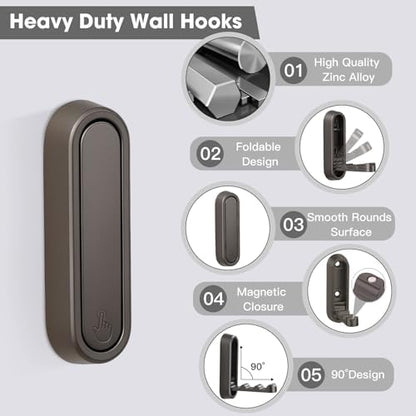 Dntorx Folding Wall Hooks, 2 Pack, Grey, Zinc Alloy, Heavy Duty Coat Hooks