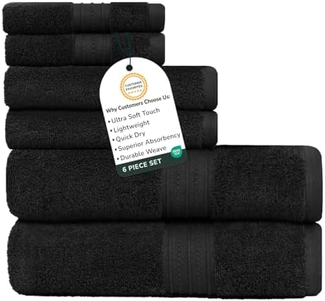 Feather & Stitch 100% Cotton 625 GSM Bath Towel Set of 6, Ultra Soft Highly Absorbent 2 Bath Towels, 2 Hand Towels & 2 Washcloth - Luxury Quick Dry Shower Towels (Black)