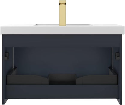 Blossom 30 Inch Bathroom Vanity with Sink | All Wood Wall Mounted Floating Bathroom Vanity Cabinet with Acrylic Sink, Soft-Close Drawer, Modern Minimalist Design Vanities (Night Blue Finish)