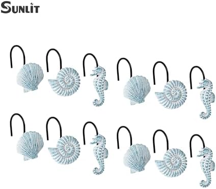 Sunlit Seashells Decorative Shower Curtain Hooks, Aqua Blue Ocean Creatures Coastal Shower Curtain Rings with Black Hooks, Resin, Nautical Bathroom Decoration Beach Shower Curtain Hooks, Set of 12