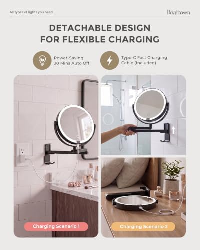 Brightown 8" Wall Mounted Makeup Mirror with Lights & Magnification 1X/10X