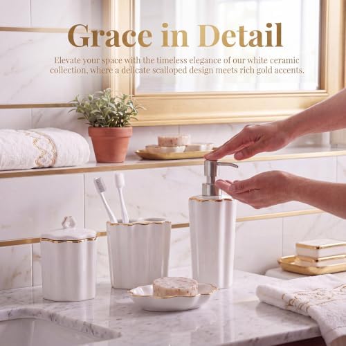 Zhehao 4 Pcs Scalloped Ceramic Bathroom Accessories Set,8.5 Inch, Gold
