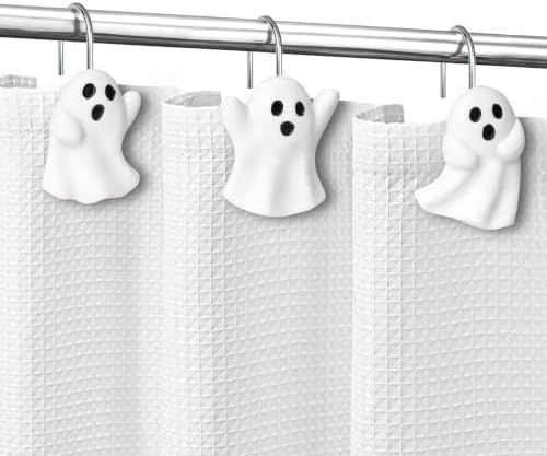 Sunlit Ghost Shower Curtain Hooks, Home Decorative Shower Curtain Rings with Sliver Hooks for Bathroom, Halloween Shower Curtain Hangers Bathroom Accessories, Set of 12