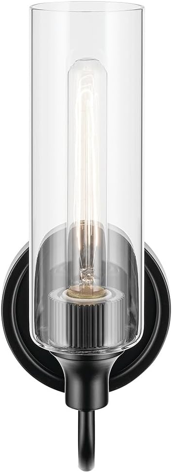 Kichler Kavi 5" 1-Light Wall Sconce with Clear Glass in Black, Damp Rated, for Bathroom, Powder Room, Kitchen, Hallway, Bedroom, Fireplace, (5" W x 13" H), 55209BK