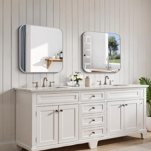 FORBATH Bathroom Mirror for Over Sink 24x24 Inch Silver, Square Wall Mirror with Metal Frame, Rounded Corners for Bathroom, Bedroom, Entryway Decor (Horizontal or Vertical)