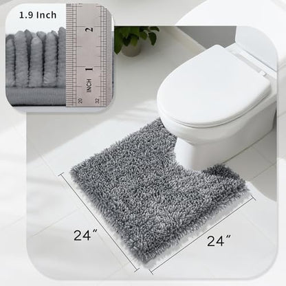 Yimobra Toilet Rugs U Shaped Washable, Extra Thick Soft Absorbent Chenille Contour Bathroom Rugs for Toilet 24x24 Inch, Quick Dry Non Slip Toilet Mat for Bath Floor, Silver