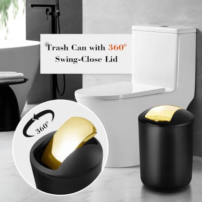Black Bathroom Accessories Set, 22Pcs Bathroom Sets with Shower Curtain and Rugs, Bathroom Accessories Sets Complete with Trash Can, Non-Slip Bathroom Rugs, Super Absorbent, Black Gold