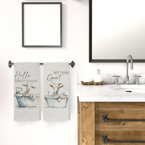 Hello Sweet Cheeks Goat Bathroom Hand Towels, Funny Farmhouse Animal Goat Bathing Decorative Hand Towels for Bathroom Washroom Toilet Restroom, 16x24 Inch Set of 2
