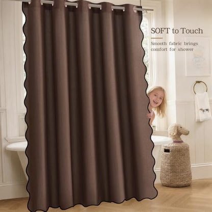 Furlinic Scalloped Shower Curtain No Hook Brown Waterproof W78 x H75 Fabric