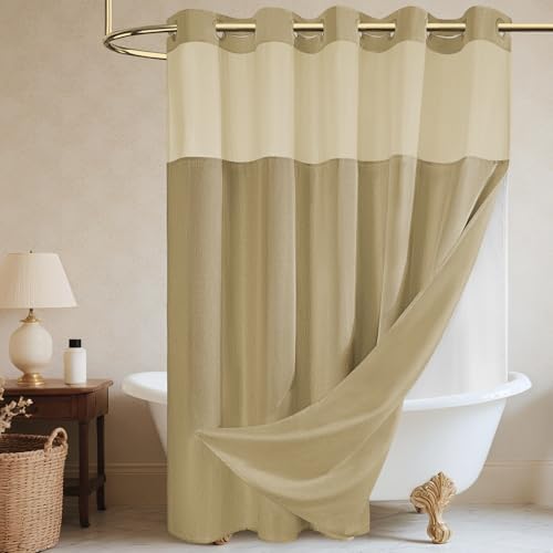 WONICY No Hook Shower Curtain with Liner for Bathrooms, Khaki, 71 x 74