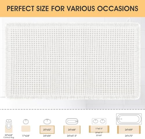 IM HOME Waffle Bath Mat White 32"x20", Boho Woven Modern Bath Mat Rugs, Absorbent Non Slip Bathroom Rugs, Soft Washable Bath Rugs with Tassels for Bathroom, Bedroom, Kitchen, Shower, Tub