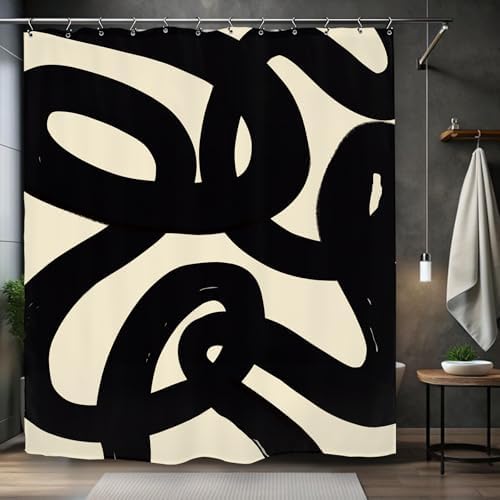 Abstract Black Beige Shower Curtain 60Wx72L Inch Modern Minimalist Contemporary Geometric Line Neutral Simple Bathroom Set Accessories Decor with 12 Pack