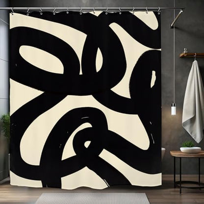 Abstract Black Beige Shower Curtain 60Wx72L Inch Modern Minimalist Contemporary Geometric Line Neutral Simple Bathroom Set Accessories Decor with 12 Pack