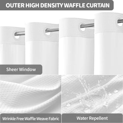 Dynamene White Hook Free Waffle Shower Curtain & Snap-in Fabric Liner,72x83