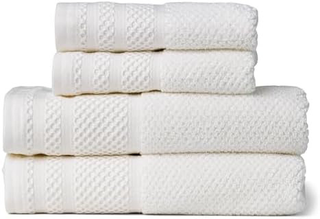 Texere 100% Organic Cotton Rice Weave Jacquard 700 GSM Luxury Bath Towel Sets - Ultra Soft and Absorbent Hotel and Spa Quality (Rice Weave, Bright White, 2 Hand & 2 Wash Towels)