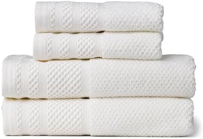 Texere 100% Organic Cotton Rice Weave Jacquard 700 GSM Luxury Bath Towel Sets - Ultra Soft and Absorbent Hotel and Spa Quality (Rice Weave, Bright White, 2 Hand & 2 Wash Towels)