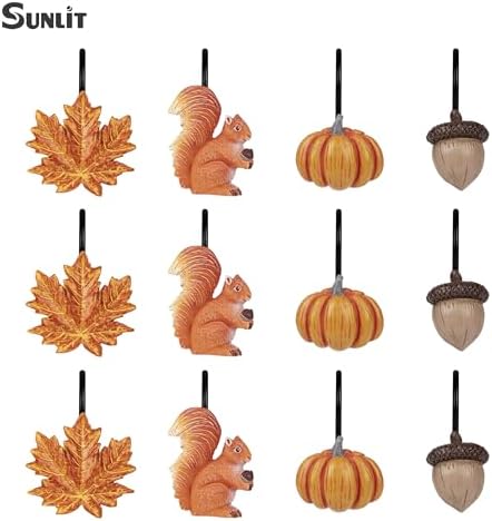 Sunlit Fall Autumn Decorative Shower Curtain Hooks, Pumpkin Maple Leaf Squirrel Acorn Shower Curtain Rings with Black Hooks, Resin, Orange Leaves Cute Bathroom Curtain Hangers Decoration, Set of 12