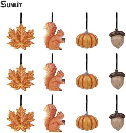 Sunlit Fall Autumn Decorative Shower Curtain Hooks, Pumpkin Maple Leaf Squirrel Acorn Shower Curtain Rings with Black Hooks, Resin, Orange Leaves Cute Bathroom Curtain Hangers Decoration, Set of 12