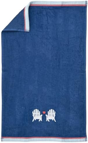 Ritz 2-Piece Cotton Velour Bathroom Hand Towel Set, Embroidered Adirondack Chair Design, Navy Blue Decorative Towels for Lake House, Cottage, or Cabin Decor, 16” x 26”