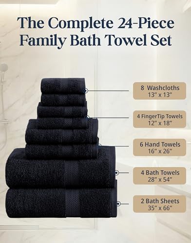 LANE LINEN Bath Towel Set Quick Dry 100% Cotton 24 Piece Soft - Black