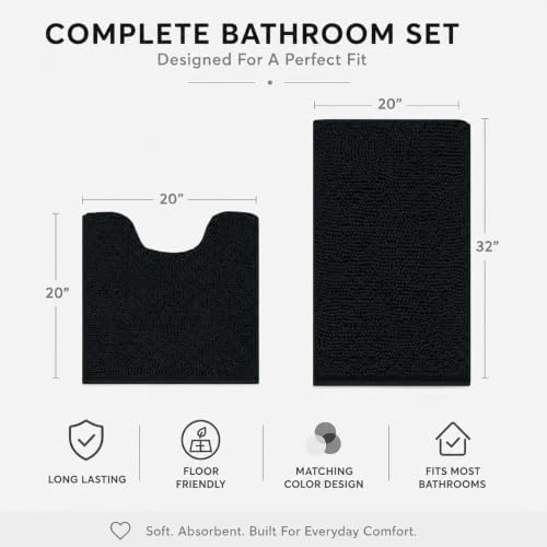 Bathroom Rugs Sets 2 Piece,Super Absorbent Soft,Thick,Machine Washable Chenille Bath Mat,Non Slip Toilet Floor Rug,Bath Mats for Bathroom,20x32 Plus 20x20 U Shape,Black