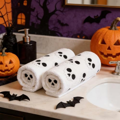 2 Pack Halloween Hand Towels 100% Cotton Jacquard Skeleton Halloween Kitchen Towels White Bathroom Towels Set Seasonal Bathroom Decor(Beige Skeleton, Halloween)