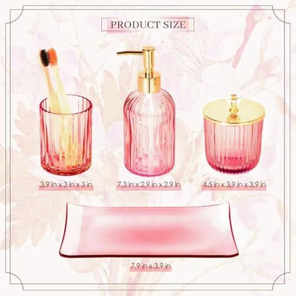 Designer Pink Glass Bathroom Accessories Sets - 4 Pcs with Lotion Soap Dispenser, Bathroom Toothbrush Holder, Vanity Tray, and Apothecary Jar, Vintage Bathroom Decor