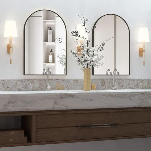 Wall Mounted Mirror, Arched Wall Mirror for Bathroom, 20"x30" Arch Bathroom Mirror with Metal Frame, 2 piece Black Vanity Mirror Decor for Mantle, Bedroom, Entryway