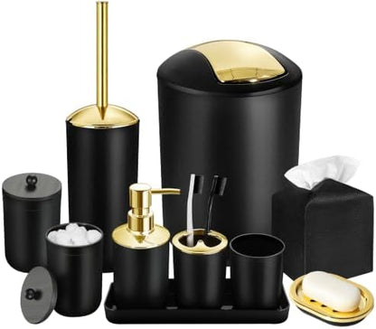 Bathroom Set, 10Pcs Bathroom Shower Curtain Sets with Hooks, Bathroom Accessories Set with Trash Can, Bathroom Accessories Sets Complete with Shower Curtain Set, Black Bathroom Accessory Set