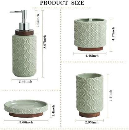 RQYIXI Ceramic Bathroom Accessories Set,Sage Green,4 Piece,Embossed Design