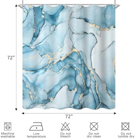 Aqua Blue Marble Shower Curtain Modern Abstract Luxury Gold Ink Texture Ombre Watercolor Bathroom Curtain Set with Hooks Soft and Lightweight Waterproof Fabric Machine Washable 72" Wx72 L