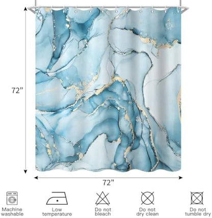 Aqua Blue Marble Shower Curtain Modern Abstract Luxury Gold Ink Texture Ombre Watercolor Bathroom Curtain Set with Hooks Soft and Lightweight Waterproof Fabric Machine Washable 72" Wx72 L